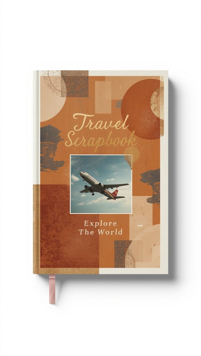 Travel Scrapbook hardcover book with airplane photo, earth tones design, and 'Explore The World' text
