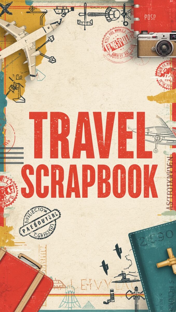 Vintage travel scrapbook cover with airplane, retro camera, passport stamps, and luggage on aged paper background