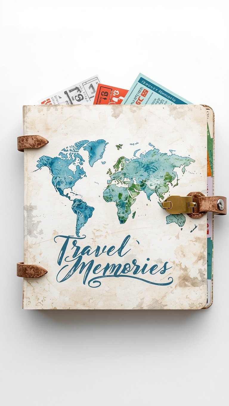 Vintage travel memories scrapbook with world map cover, leather clasps, and colorful tickets peeking out from the top