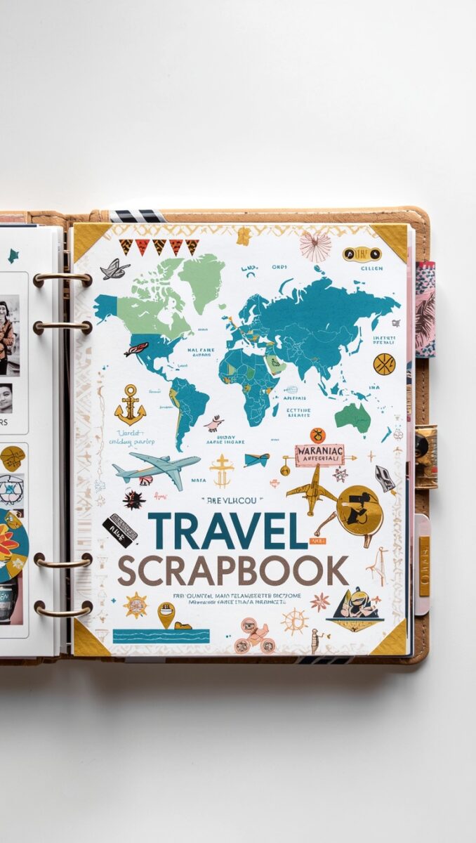 Open travel scrapbook binder with world map illustration, airplane stickers, and colorful travel-themed decorations
