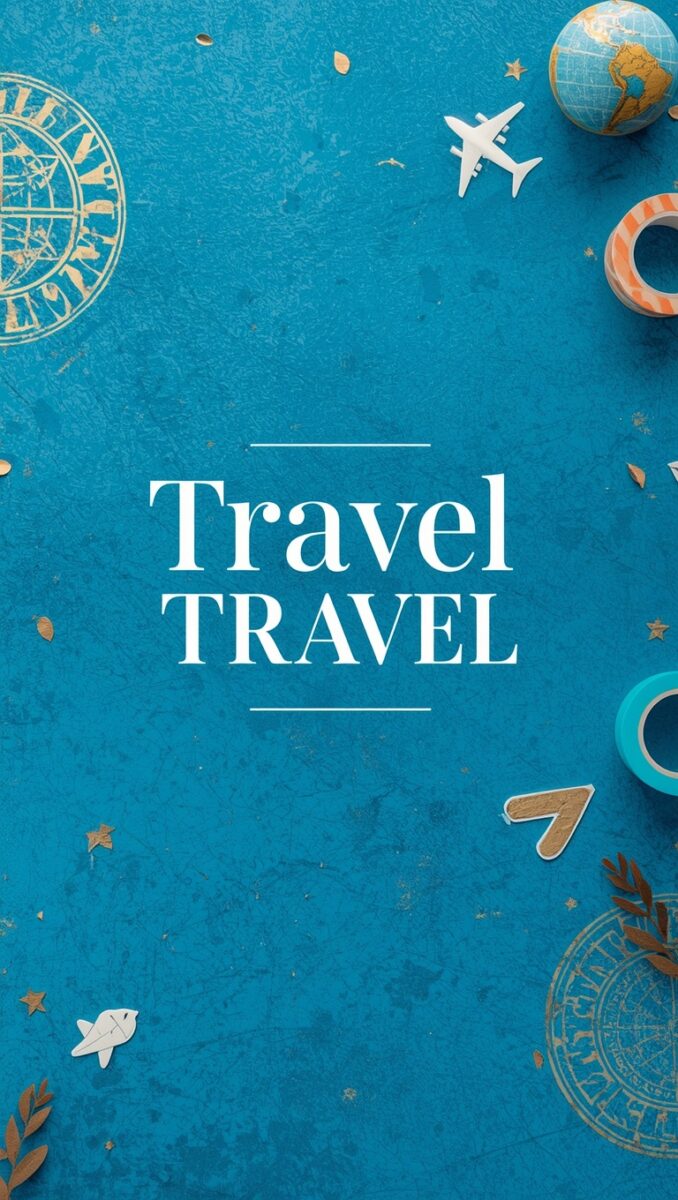 Travel-themed flatlay with white airplane, globe, washi tape, passport stamps on blue textured background with Travel text