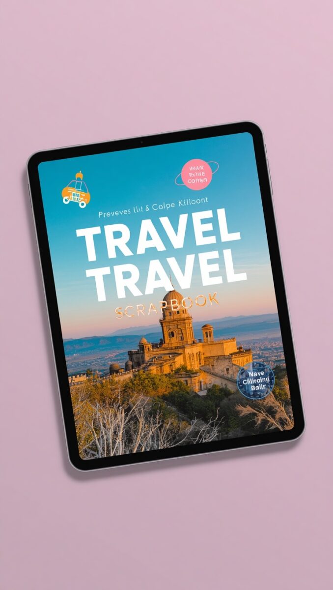 iPad tablet displaying a Travel Scrapbook digital cover with a historic hilltop castle and blue sky background