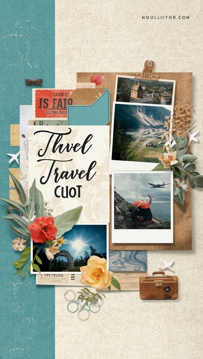 Travel-themed scrapbook collage with polaroid photos, vintage tickets, flowers, and a brown suitcase on teal background