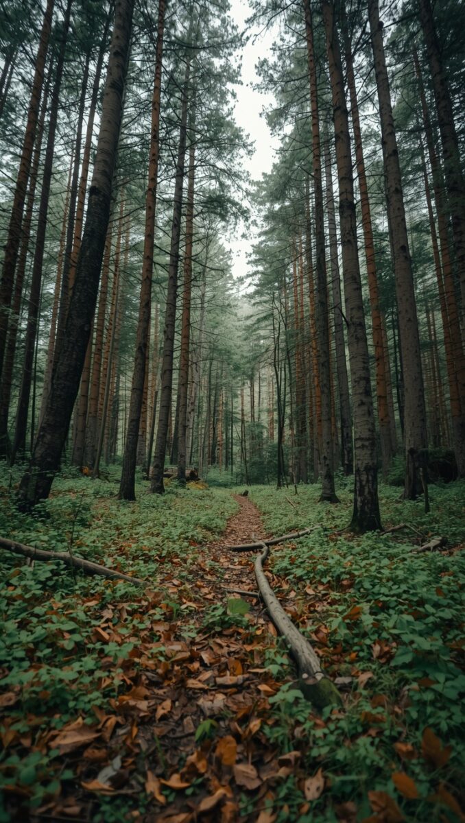 Misty pine forest with tall trees, leaf-covered ground path, and fallen branches on an overcast day