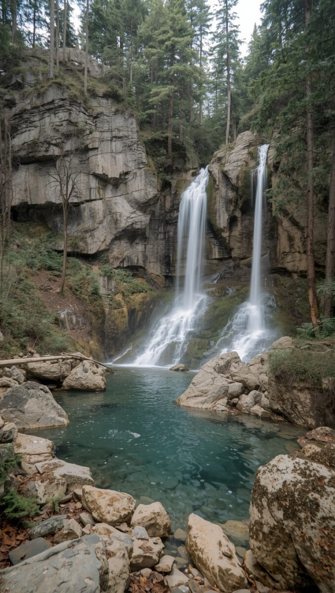 Two cascading waterfalls flowing over rocky cliffs into a clear teal pool surrounded by pine forest