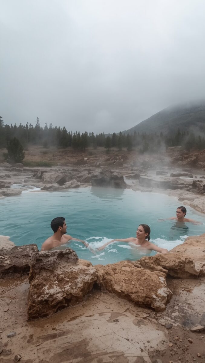Three people relaxing in a steaming turquoise natural hot spring surrounded by rocky terrain and misty pine-covered mountains
