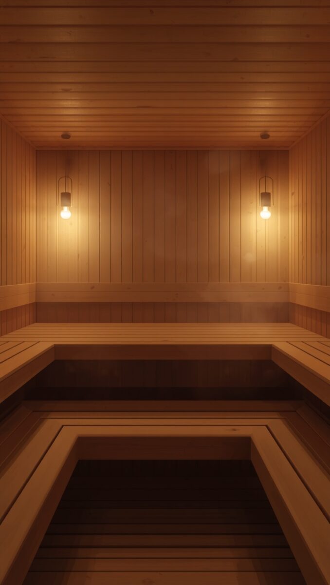 Interior of a traditional wooden sauna with two-tier benches and warm glowing pendant light bulbs