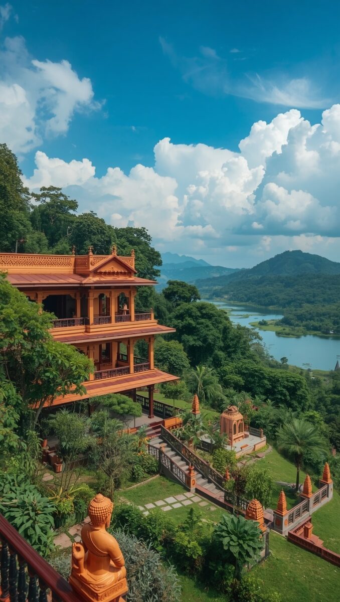 Traditional Southeast Asian Buddhist temple with orange architecture, Buddha statues, lush gardens, and scenic river valley backdrop