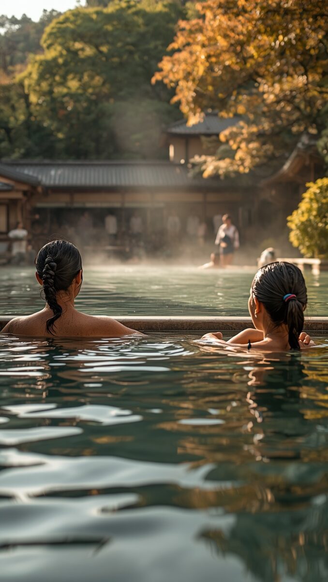 Two people soaking in a steaming Japanese outdoor onsen hot spring surrounded by autumn foliage and traditional buildings