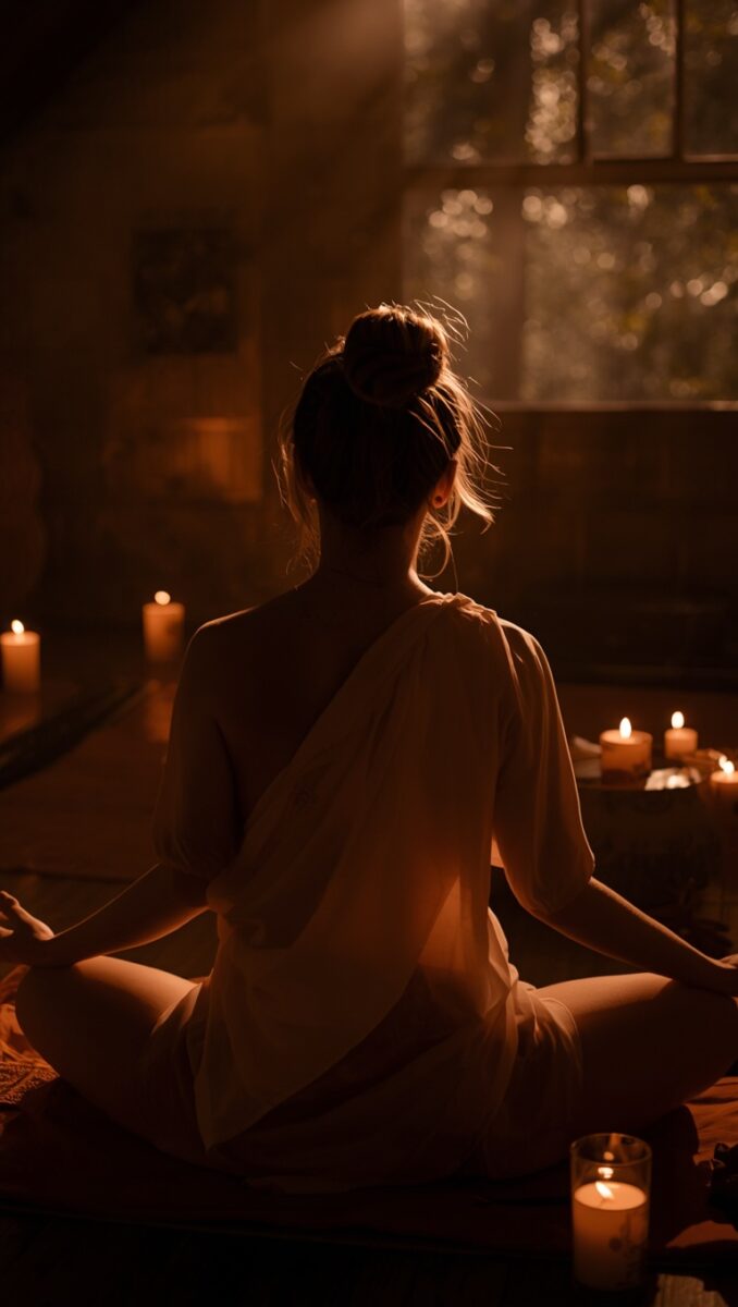 Woman meditating in lotus pose surrounded by glowing candles in a warm, dimly lit room