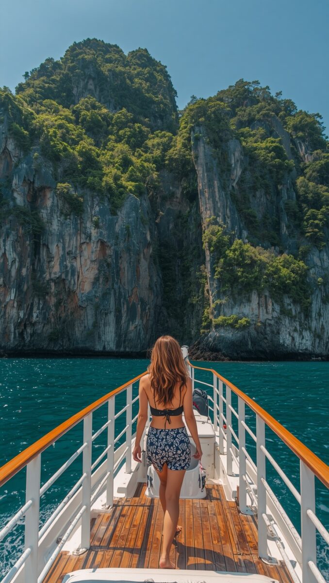 Woman in bikini top and patterned shorts standing on boat deck facing dramatic limestone karst cliffs in turquoise waters
