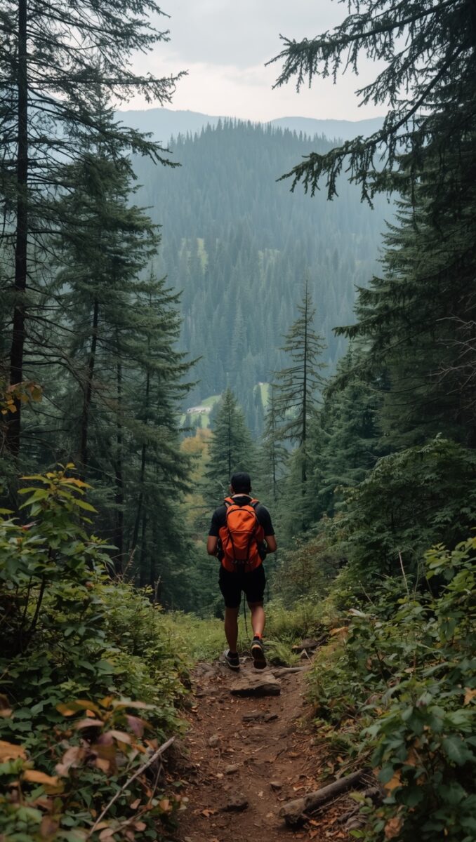 Hiker with orange backpack walking on a forest trail surrounded by tall pine trees and mountain views