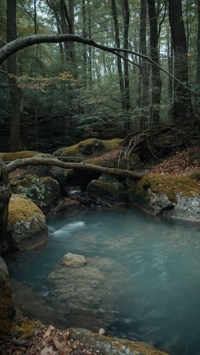 Misty forest stream flowing over moss-covered rocks surrounded by tall trees in an autumn woodland