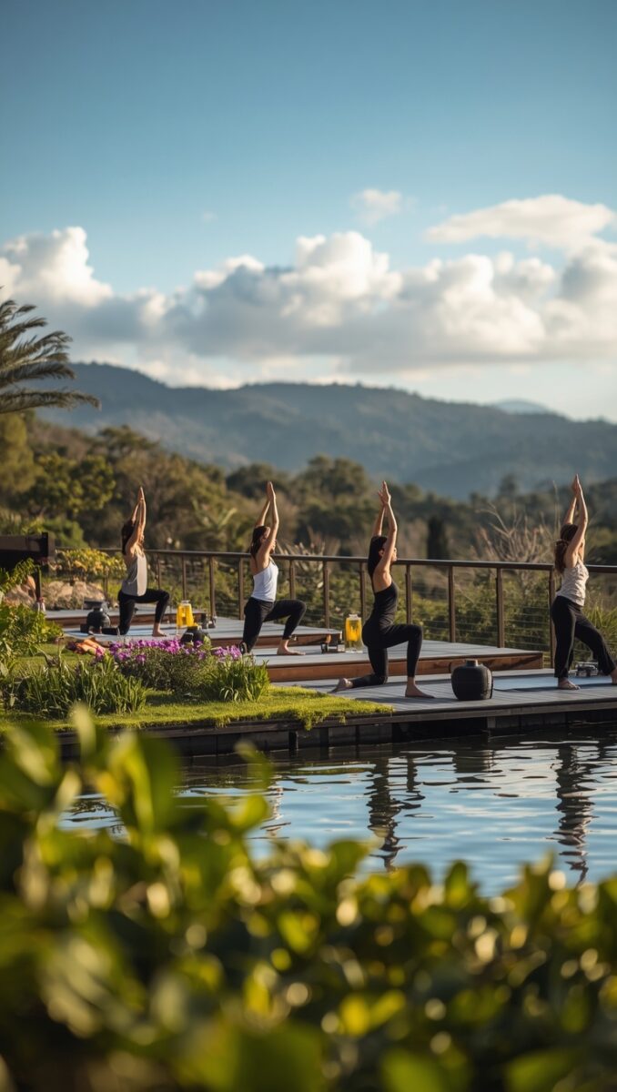 Group of four people practicing yoga warrior pose on outdoor wooden deck overlooking pool and mountain landscape