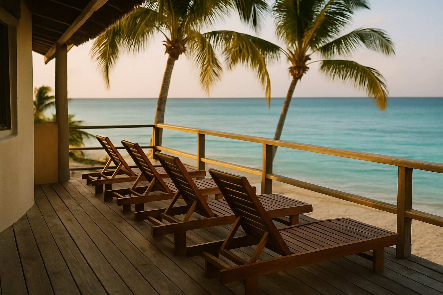 A small beachfront hotel deck at golden hour