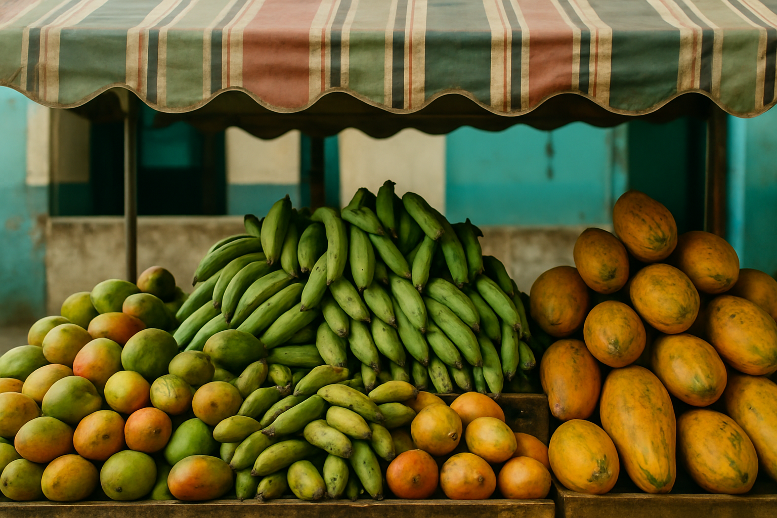 A market stall of mangoes, plantains and papaya