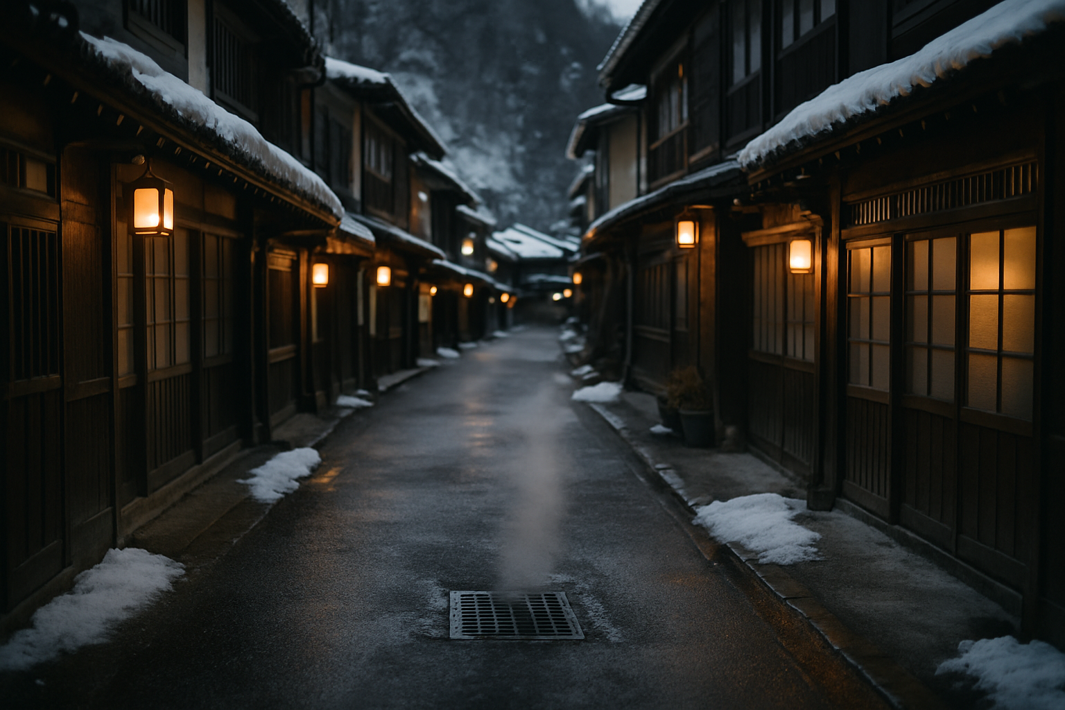 An onsen town in winter, steam and all