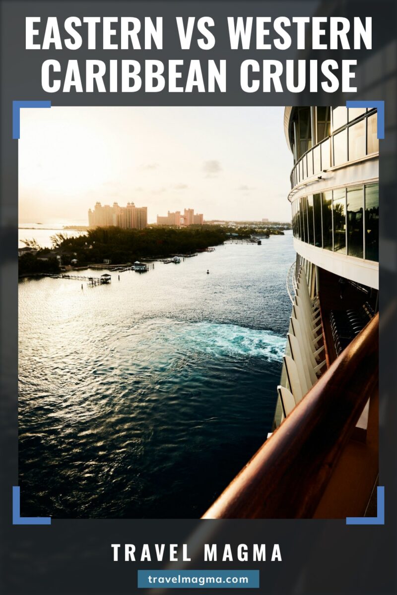 Eastern vs Western Caribbean cruise: the view from a cruise ship balcony at sunrise, the ship's white hull, its wake, and hotel towers across the water