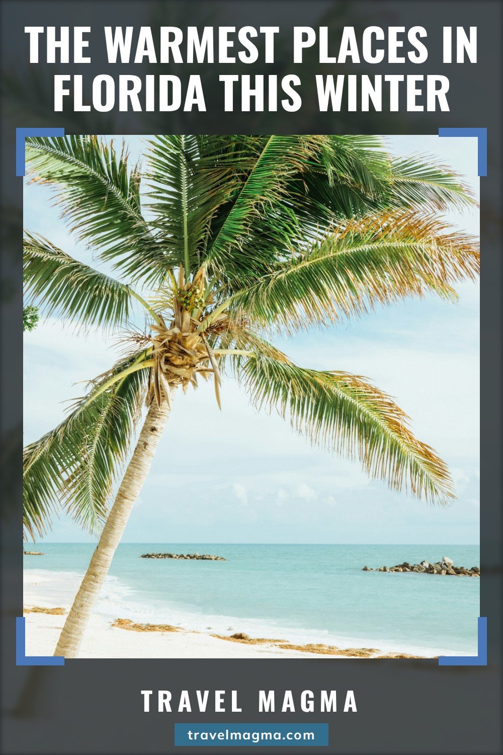 The warmest places in Florida this winter: a palm tree leaning over a quiet beach and calm turquoise water in Key West