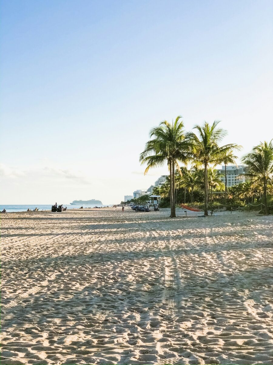 A wide sandy beach in Fort Lauderdale lined with palm trees